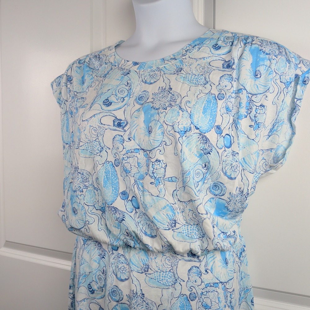 Lilly Pulitzer Dress Womens L Blue Seashell Print Cotton Coastal Beach Midi